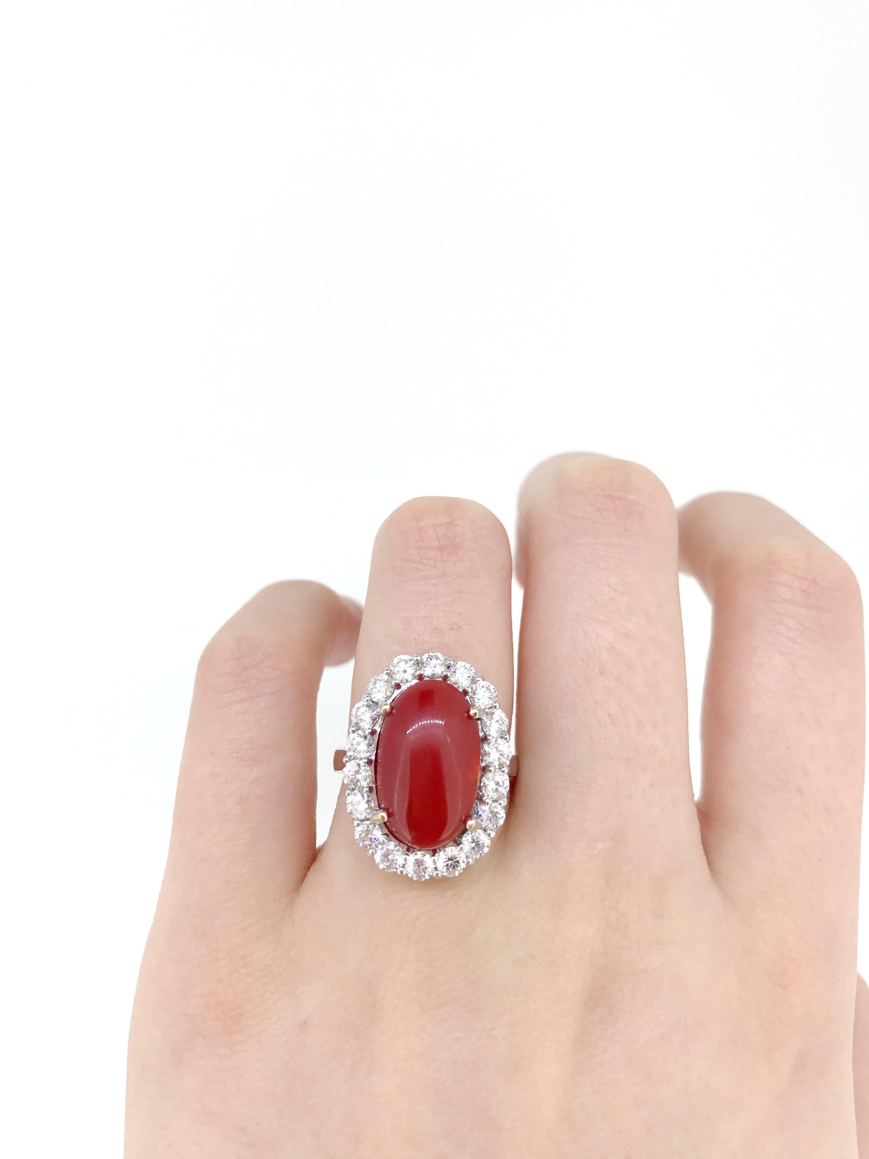 Modern 18 Karat White Gold Cabochon Red South Sea Coral and 1.8 Carat Diamond Ring For Sale