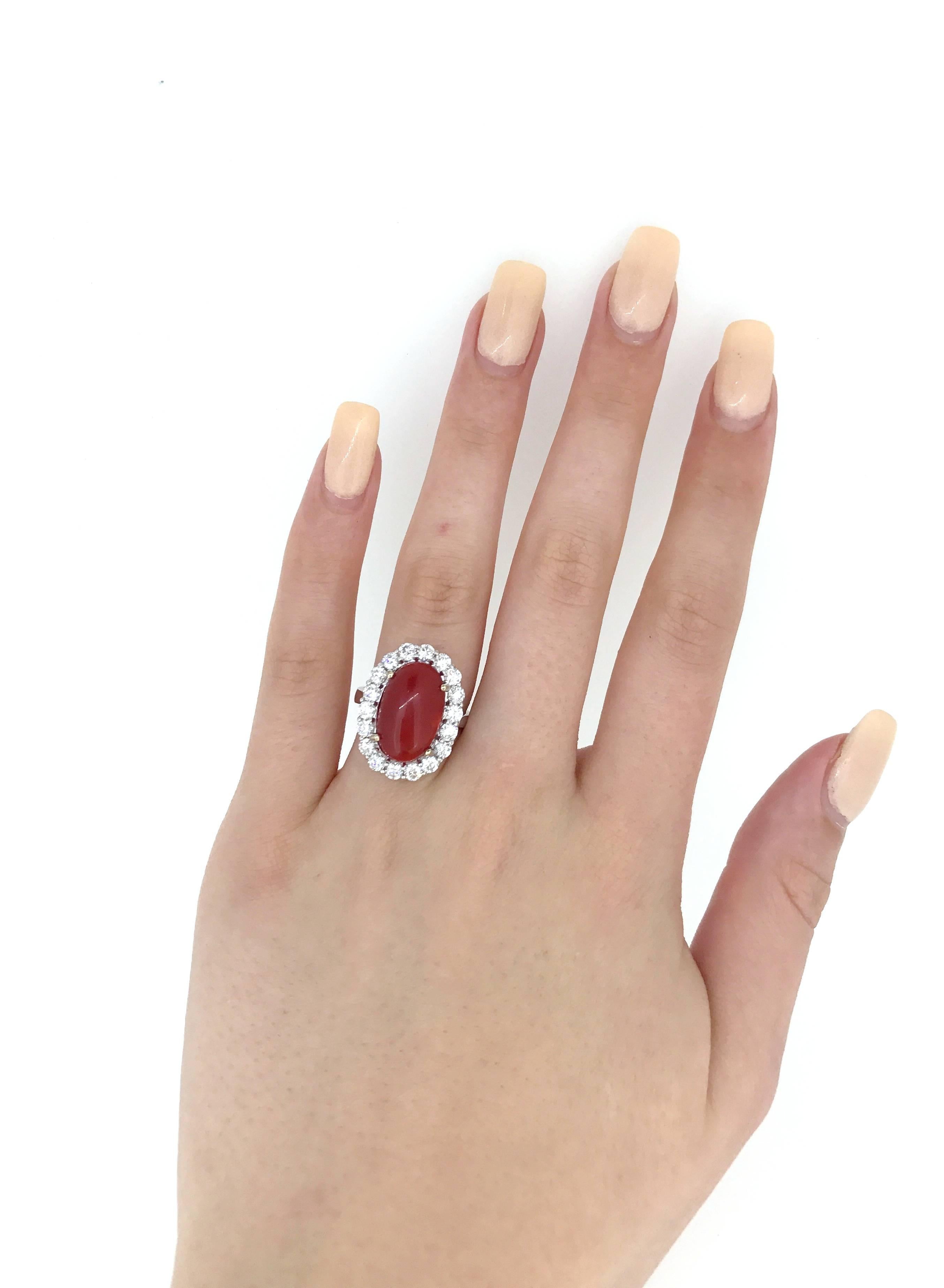 Round Cut 18 Karat White Gold Cabochon Red South Sea Coral and 1.8 Carat Diamond Ring For Sale