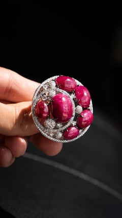 18k White Gold Cabochon Ruby and Diamond Cocktail Ring