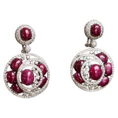 18k White Gold Cabochon Ruby and Diamond Drop Cocktail Earrings