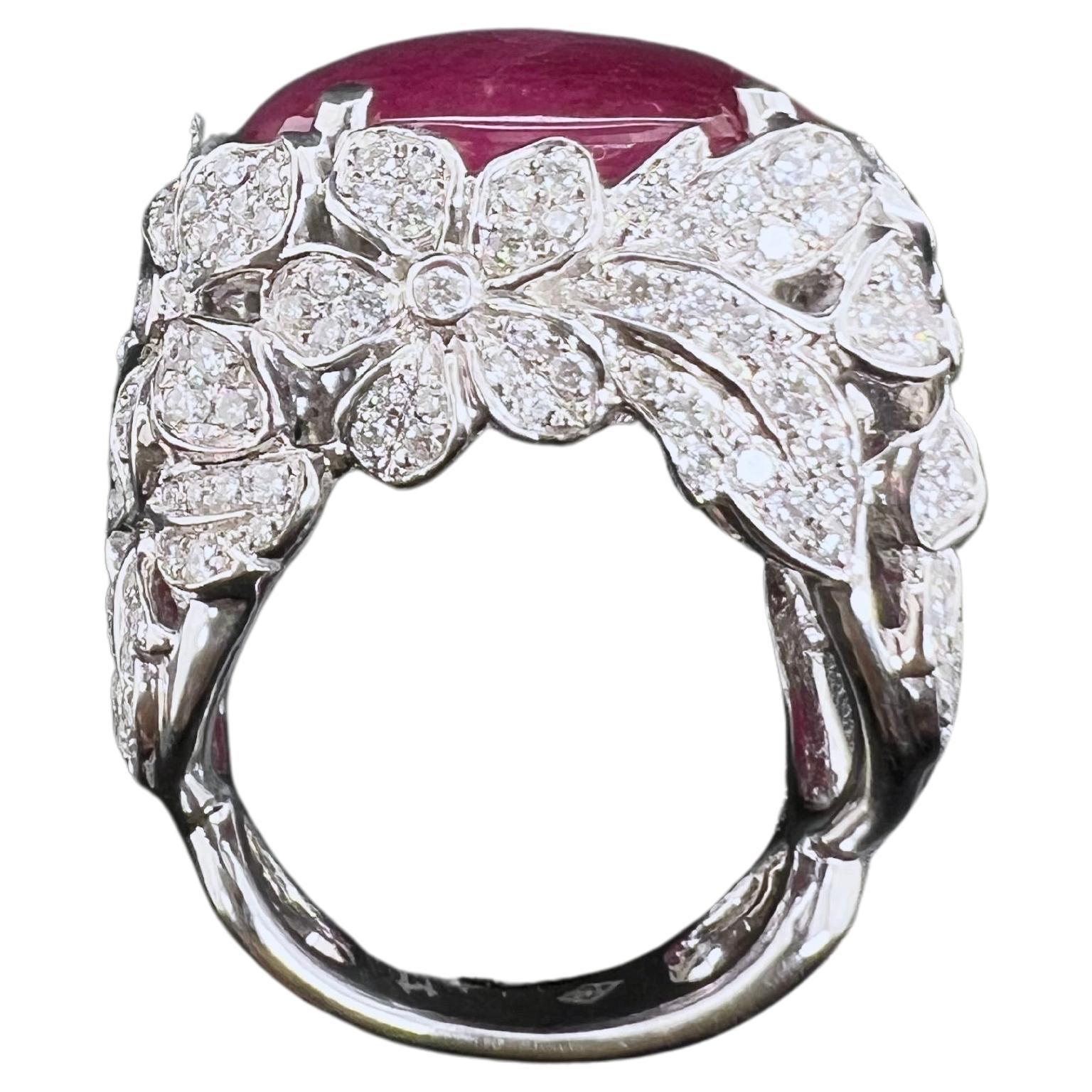 Contemporary 18k White Gold Cabochon Ruby Ring with Diamonds For Sale