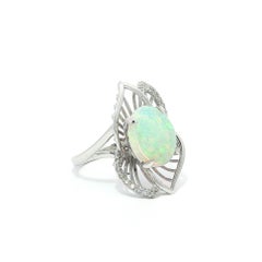 18k White Gold Cabochon White Opal w/ Diamond Accents Open Work Leaf Floral Ring