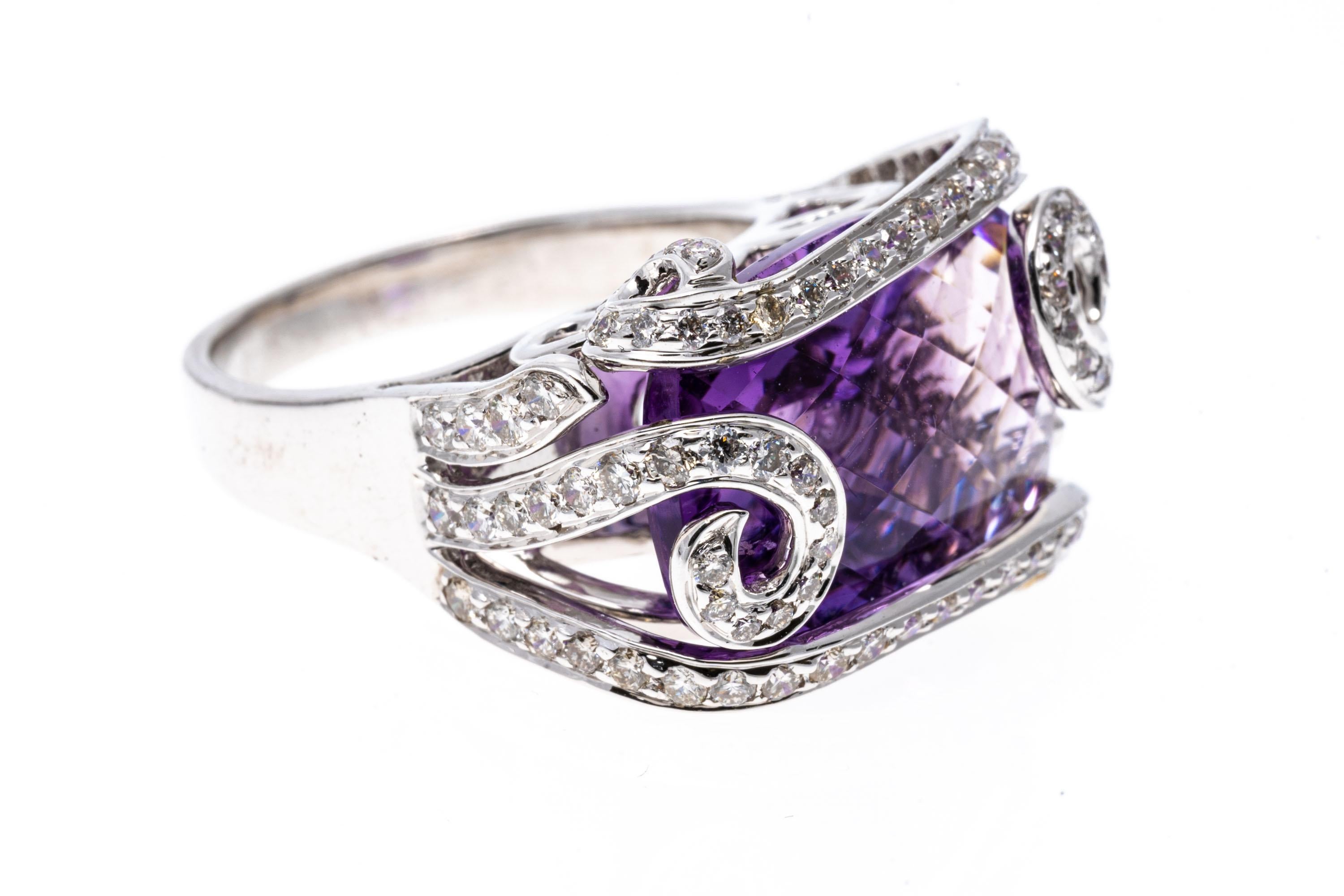 Oval Cut 18k White Gold Caged Rectangular Checkerboard Amethyst and Diamond Ring For Sale
