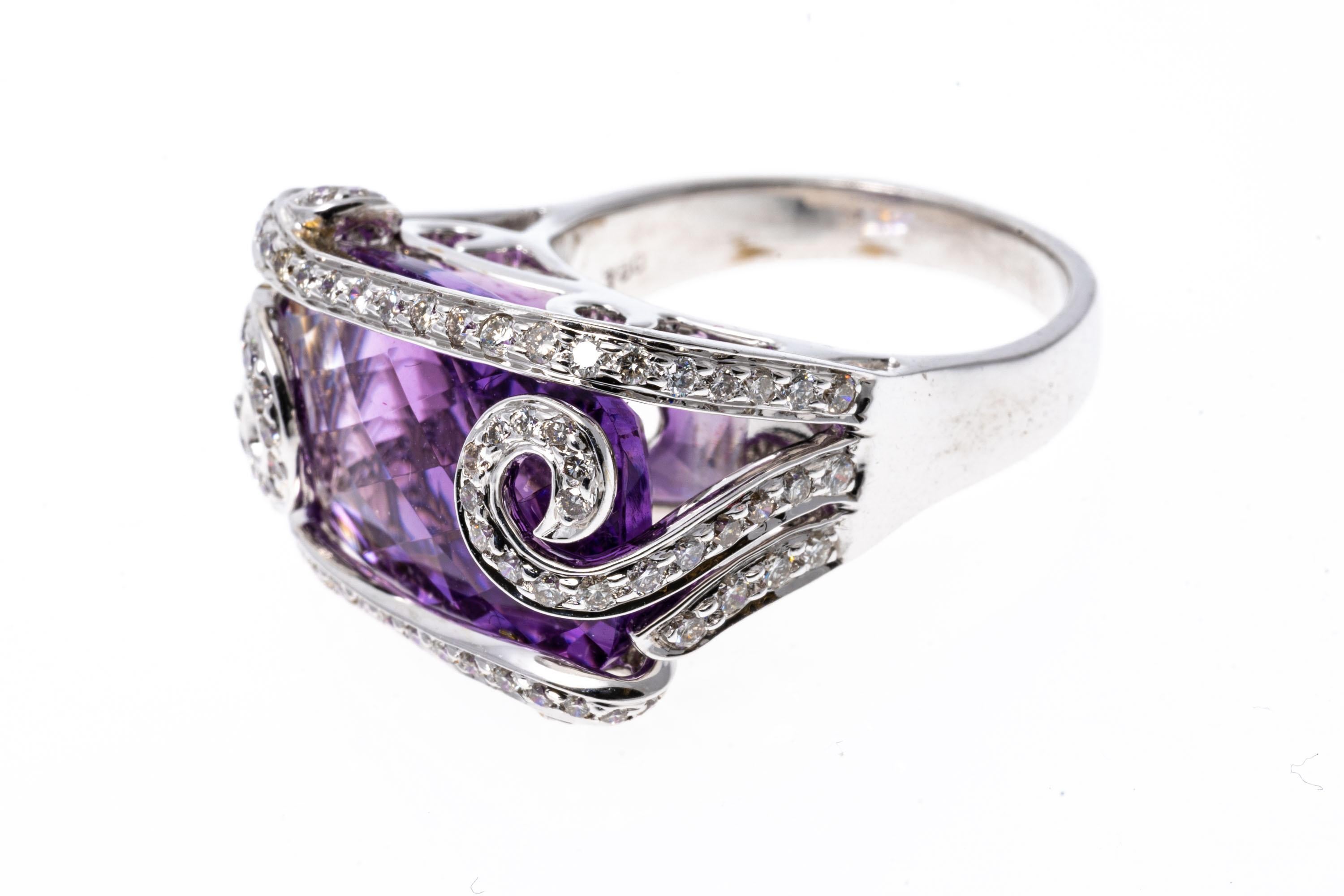 18k White Gold Caged Rectangular Checkerboard Amethyst and Diamond Ring For Sale 1