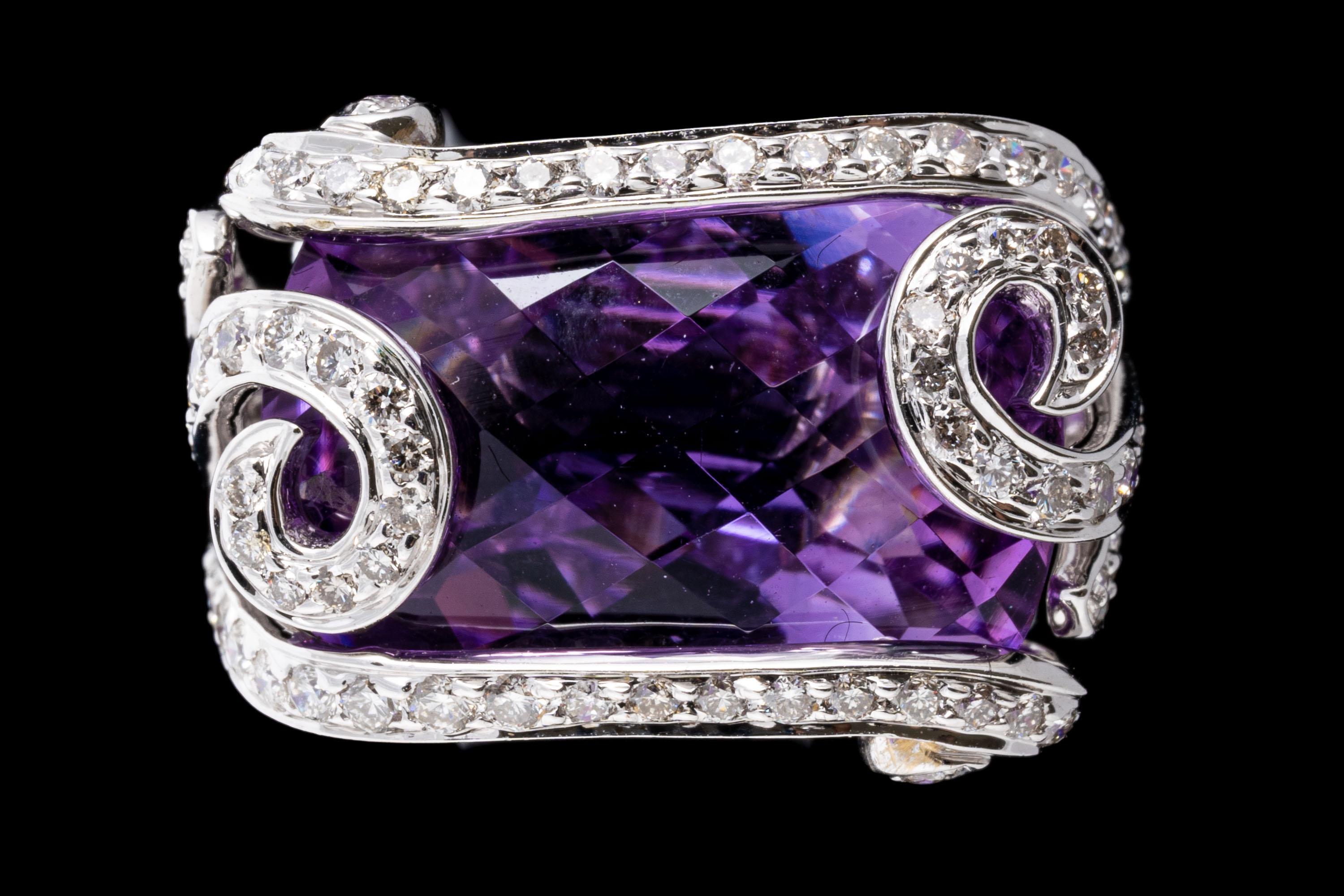18k White Gold Caged Rectangular Checkerboard Amethyst and Diamond Ring For Sale 3