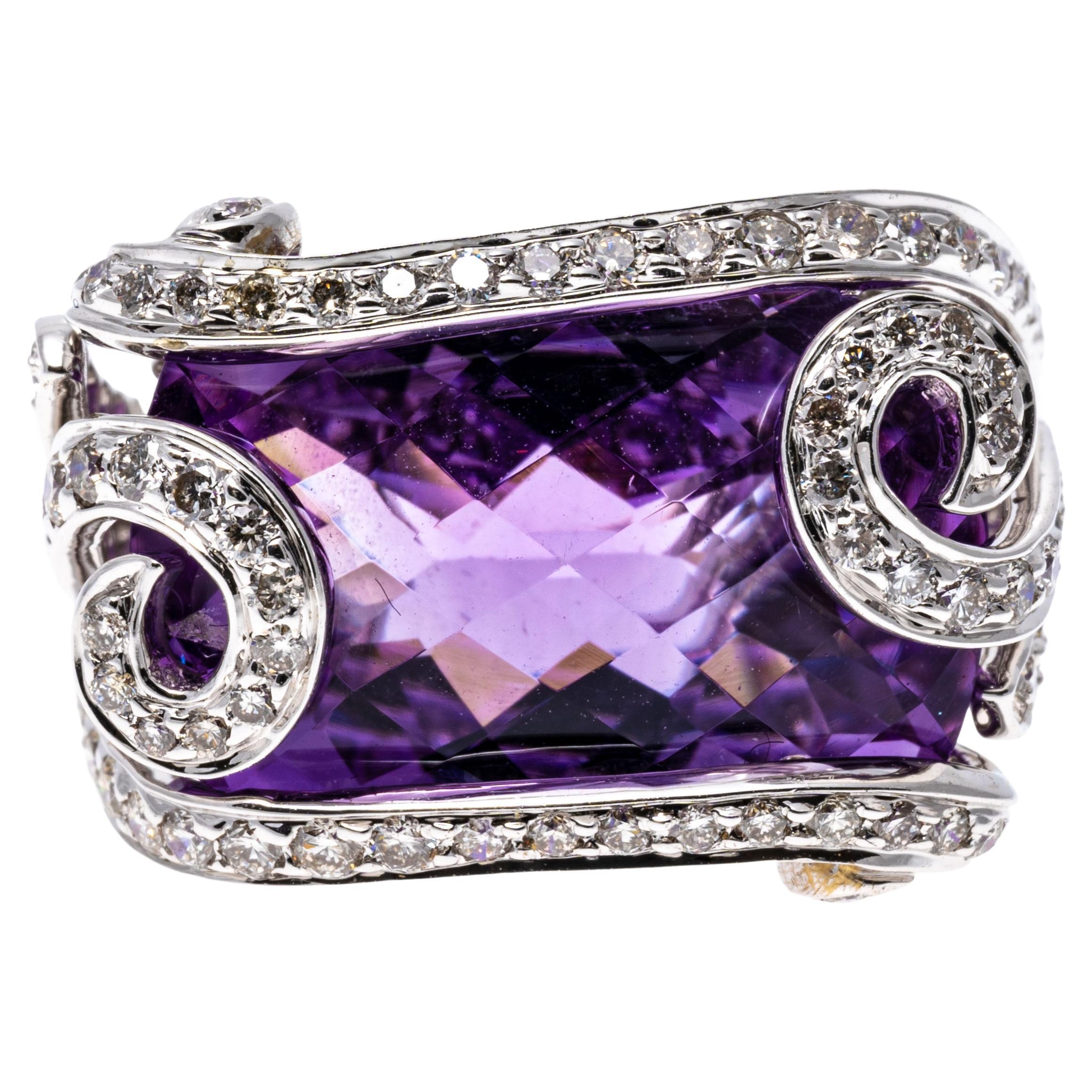 18k White Gold Caged Rectangular Checkerboard Amethyst and Diamond Ring For Sale
