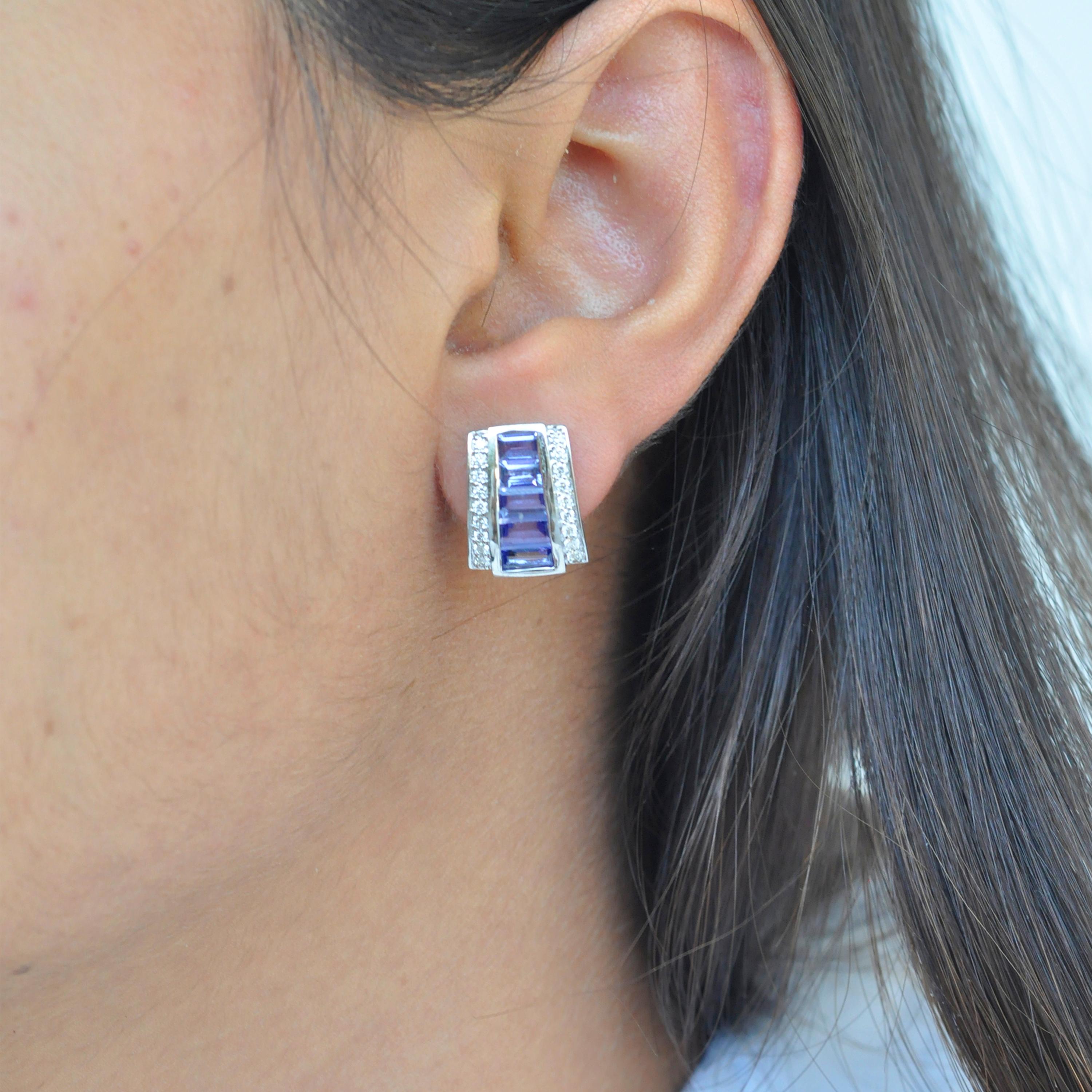 18K White Gold Taper Baguette Tanzanite Diamond Art Deco Style Stud Earrings For Sale 6
