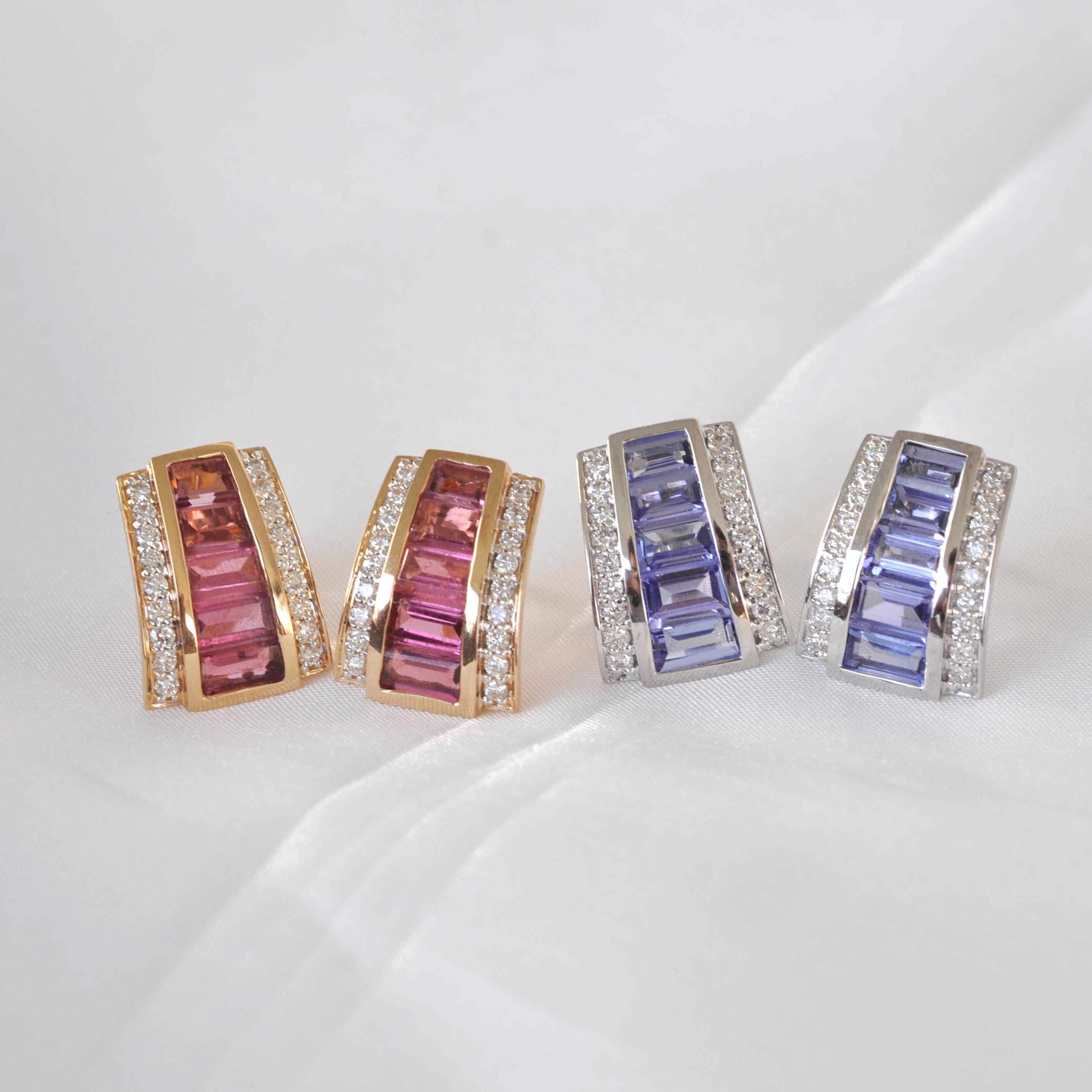 18k White Gold Tanzanite Taper Baguette Diamond Art Deco Style Stud Earrings For Sale 6