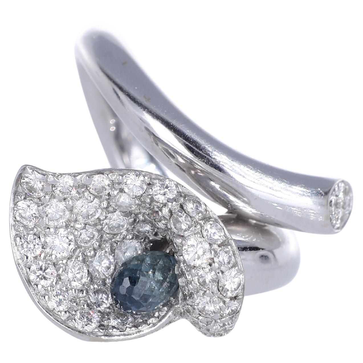 18K White Gold Calla Lily Ring with Diamonds and Sapphire For Sale