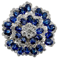18K White Gold Camellia Design Ring w/Sapphires & Diamonds 1.5 Inch Diameter