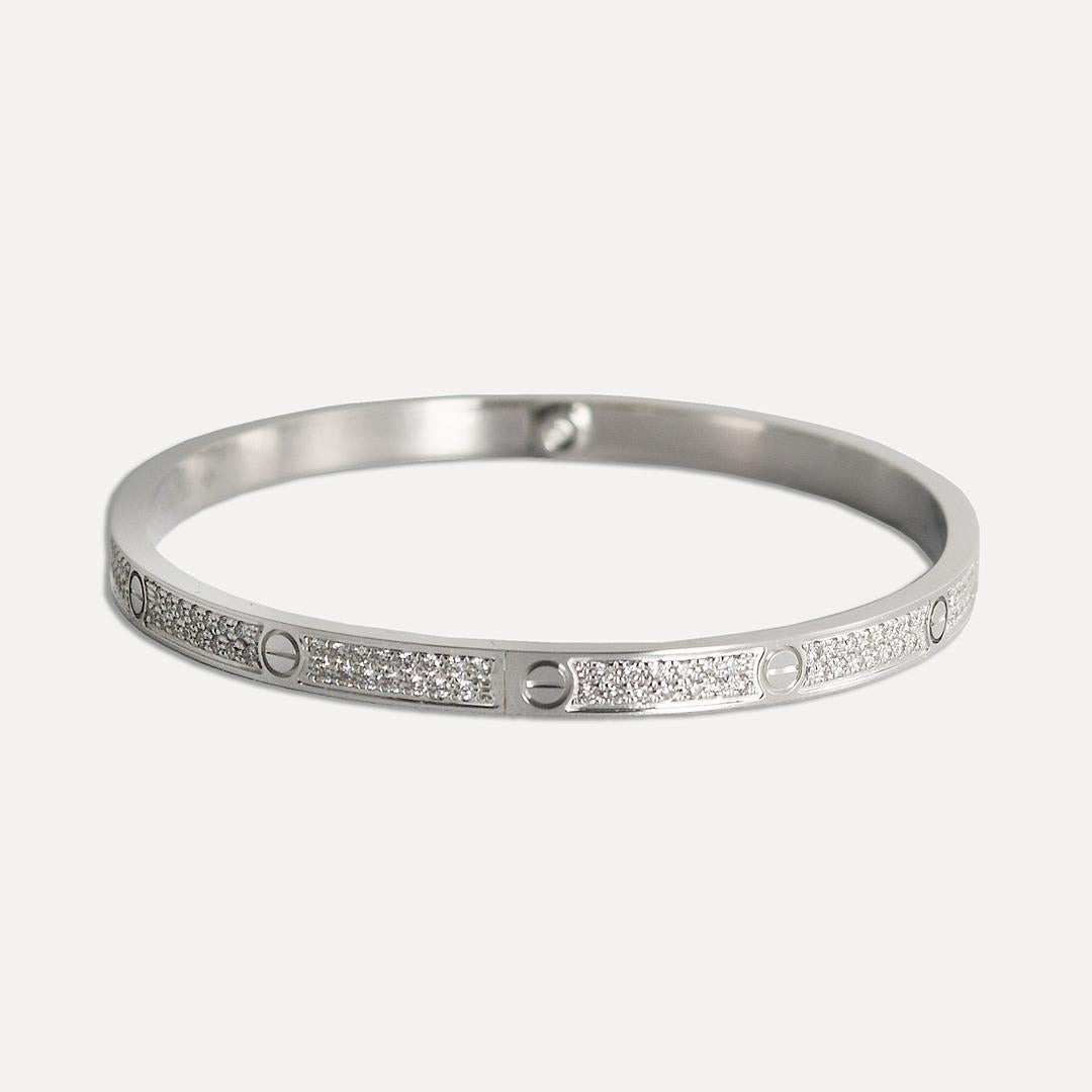 Round Cut 18K White Gold Cartier Diamond Paved Love Bracelet Small 0.95ct