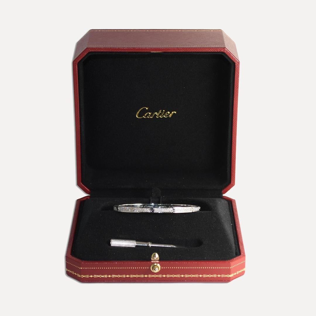 Women's or Men's 18K White Gold Cartier Diamond Paved Love Bracelet Small 0.95ct
