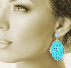 48.03 Carat Carved Turquoise Diamond 18 Karat White Gold Earrings