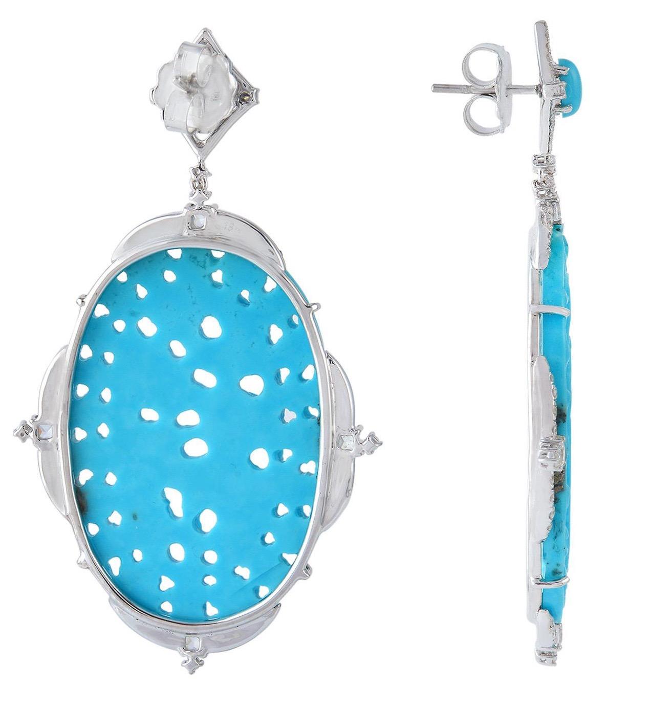 Contemporain Boucles d'oreilles en or blanc 18 carats avec turquoise sculptée et diamants de 48,03 carats en vente