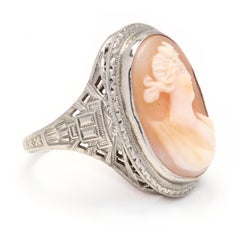 18 Karat White Gold Carved Cameo Filigree Ring