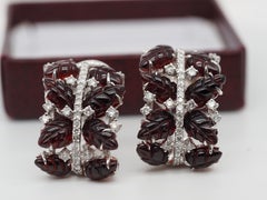 18k White Gold Carved Garnet and Diamond Clip Earrings