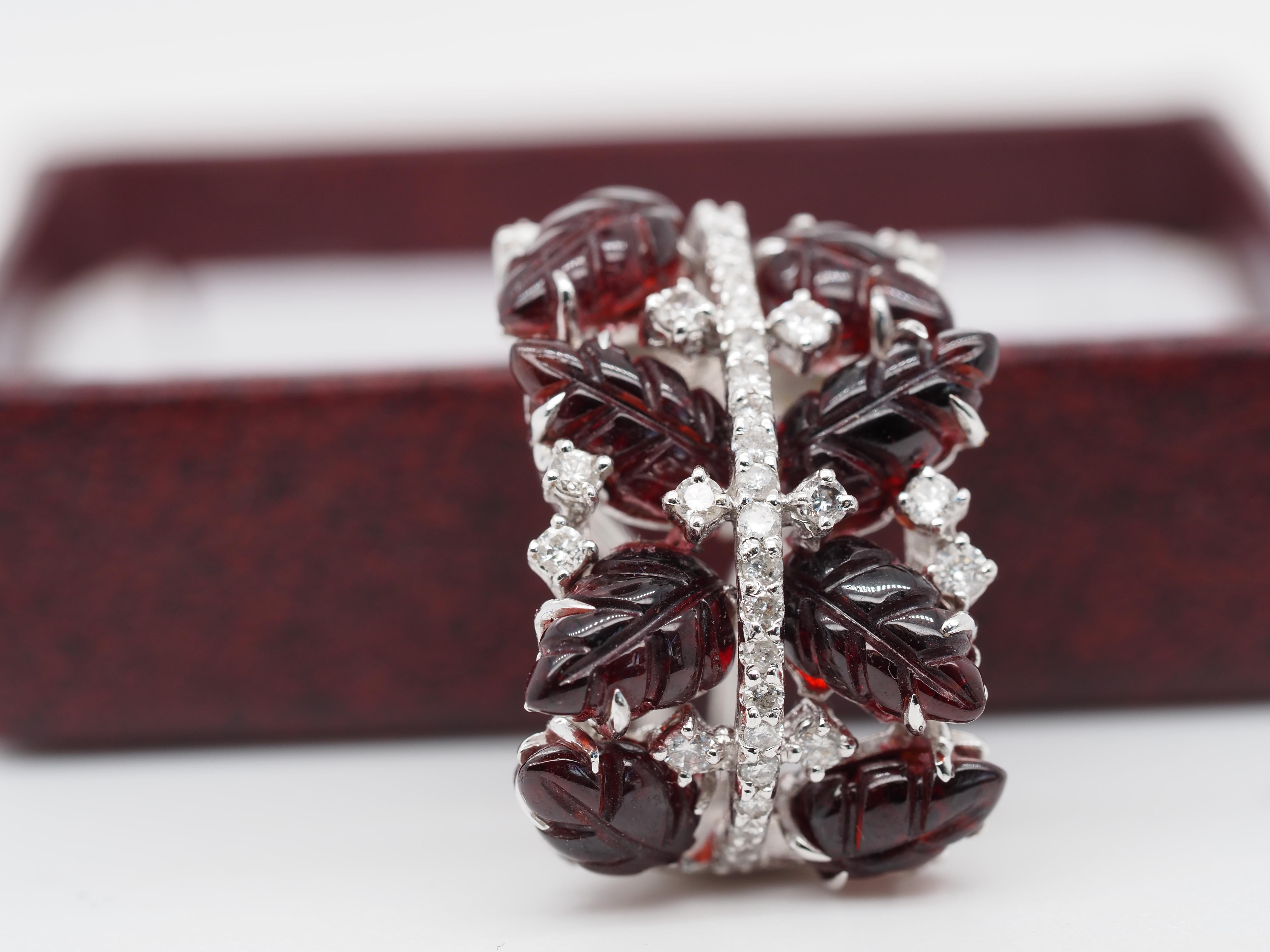 Contemporary 18k White Gold Carved Garnet and Diamond Clip Earrings For Sale