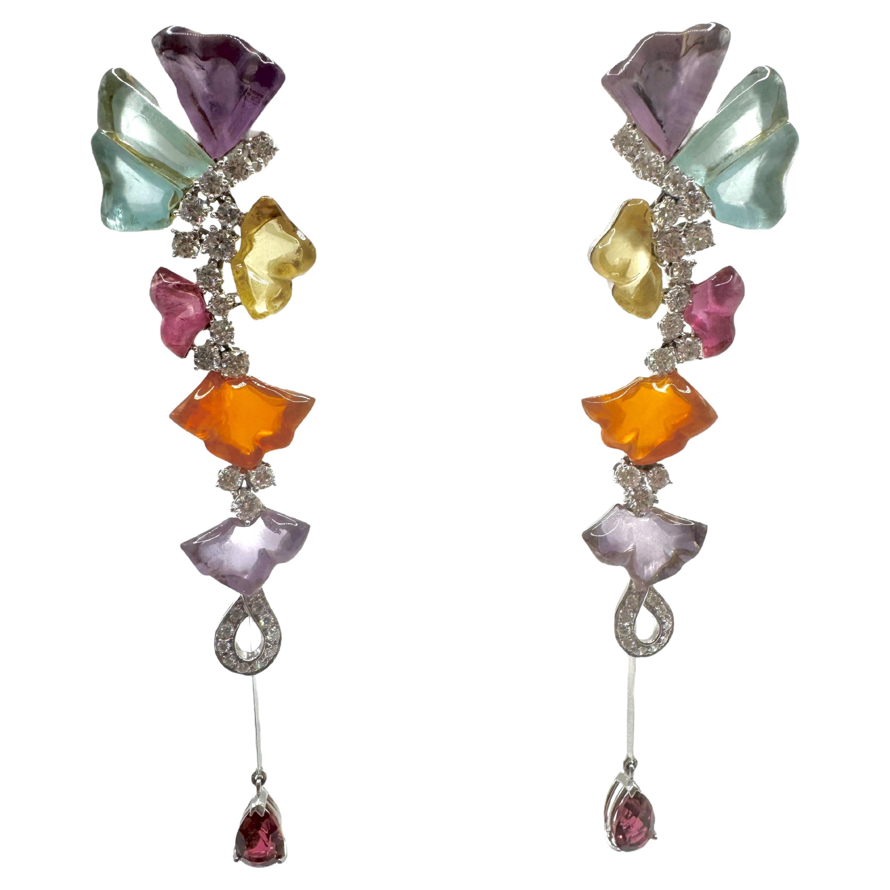 18K White Gold Carved Gemstone and Diamond Drop Earrings