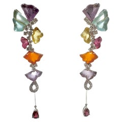 Vintage 18K White Gold Carved Gemstone and Diamond Drop Earrings