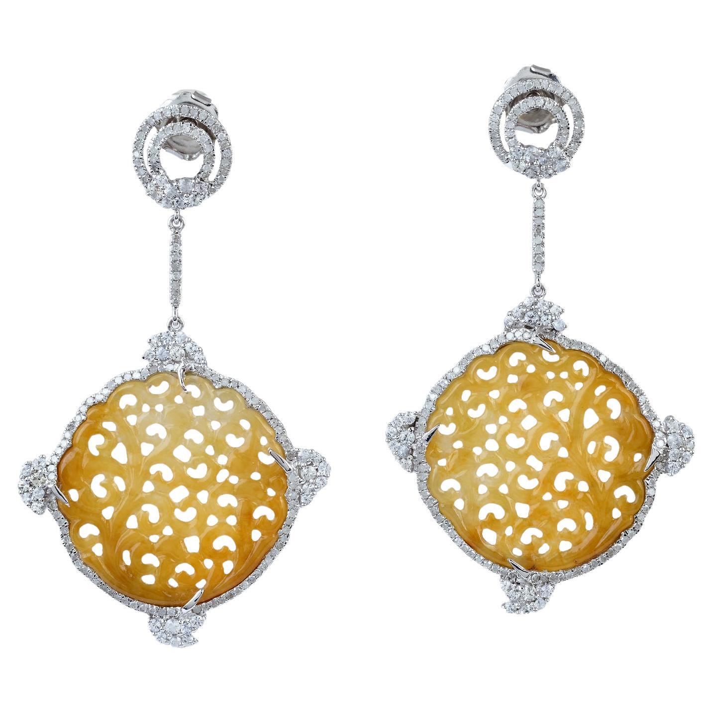 18K White Gold 
Carved Honey Jade Earrings With Sapphire 
Diamond Accents For Sale