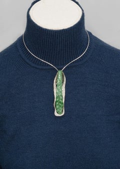 18K White Gold Carved Jade Diamond Brooch Pendant
