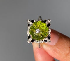 18K White Gold Carved Peridot, Diamond & Black Enamal Ring