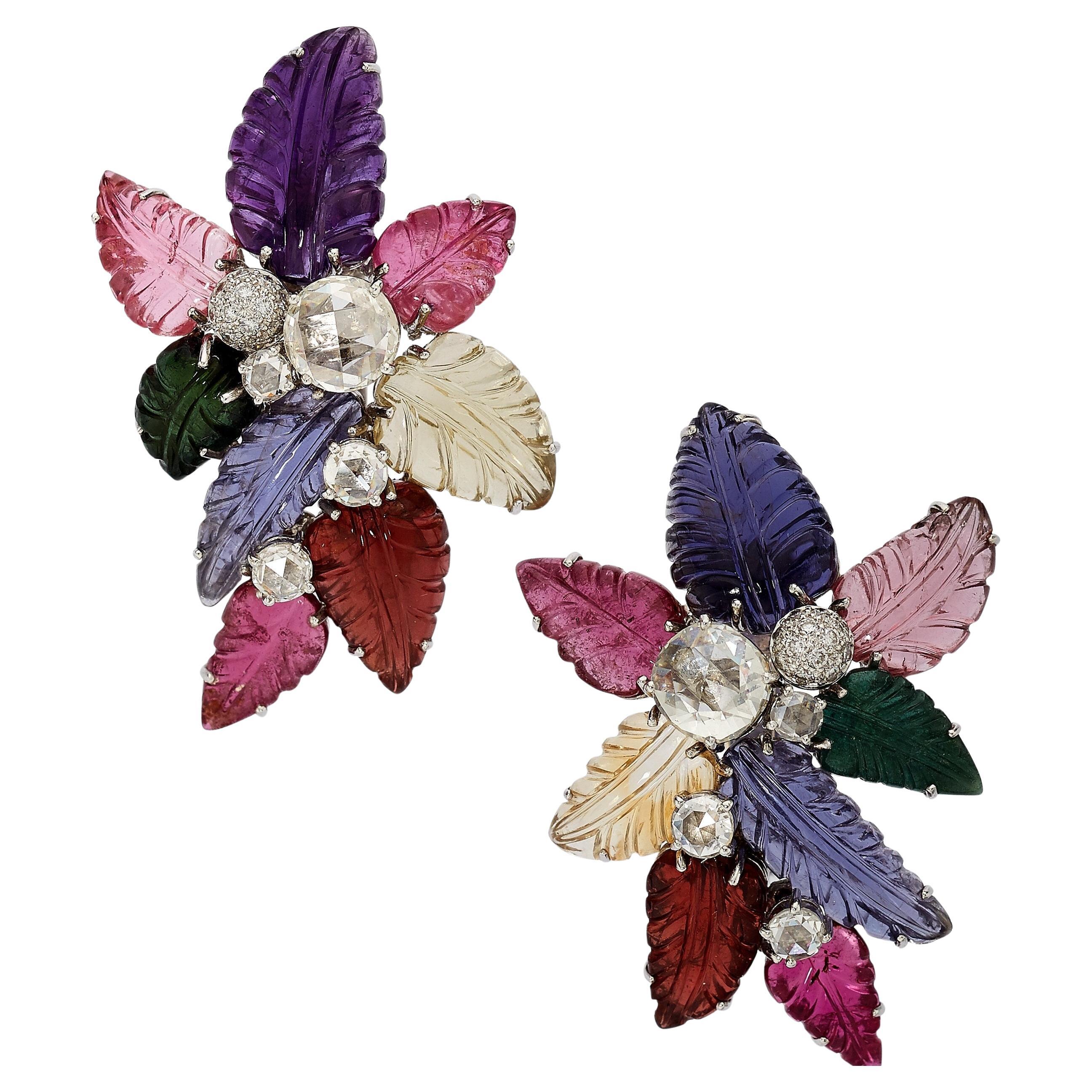 18k White Gold Carved Semi-Precious Gemstones Foliate Clip-On Earrings