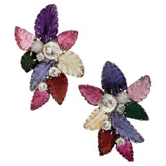 18k White Gold Carved Semi-Precious Gemstones Foliate Clip-On Earrings
