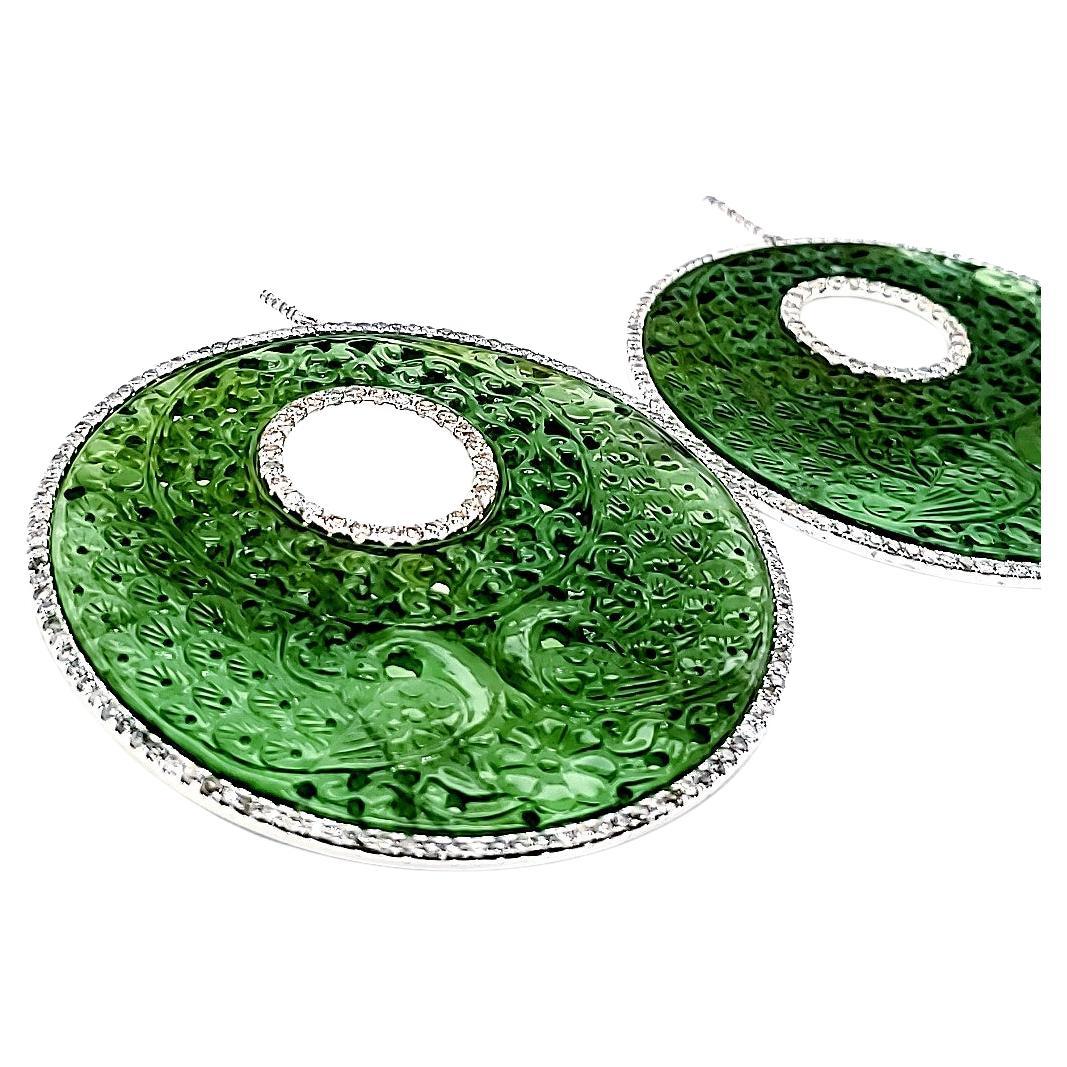 Boucles d'oreilles pendantes en or blanc 18K serpentine sculptée et diamant rond