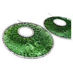 18K White Gold Carved Serpentine & Diamond Round Drop Earrings