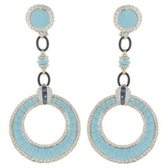 18k White Gold Carved Turquoise, Diamond, & Sapphire Large Circle Drop Earrings