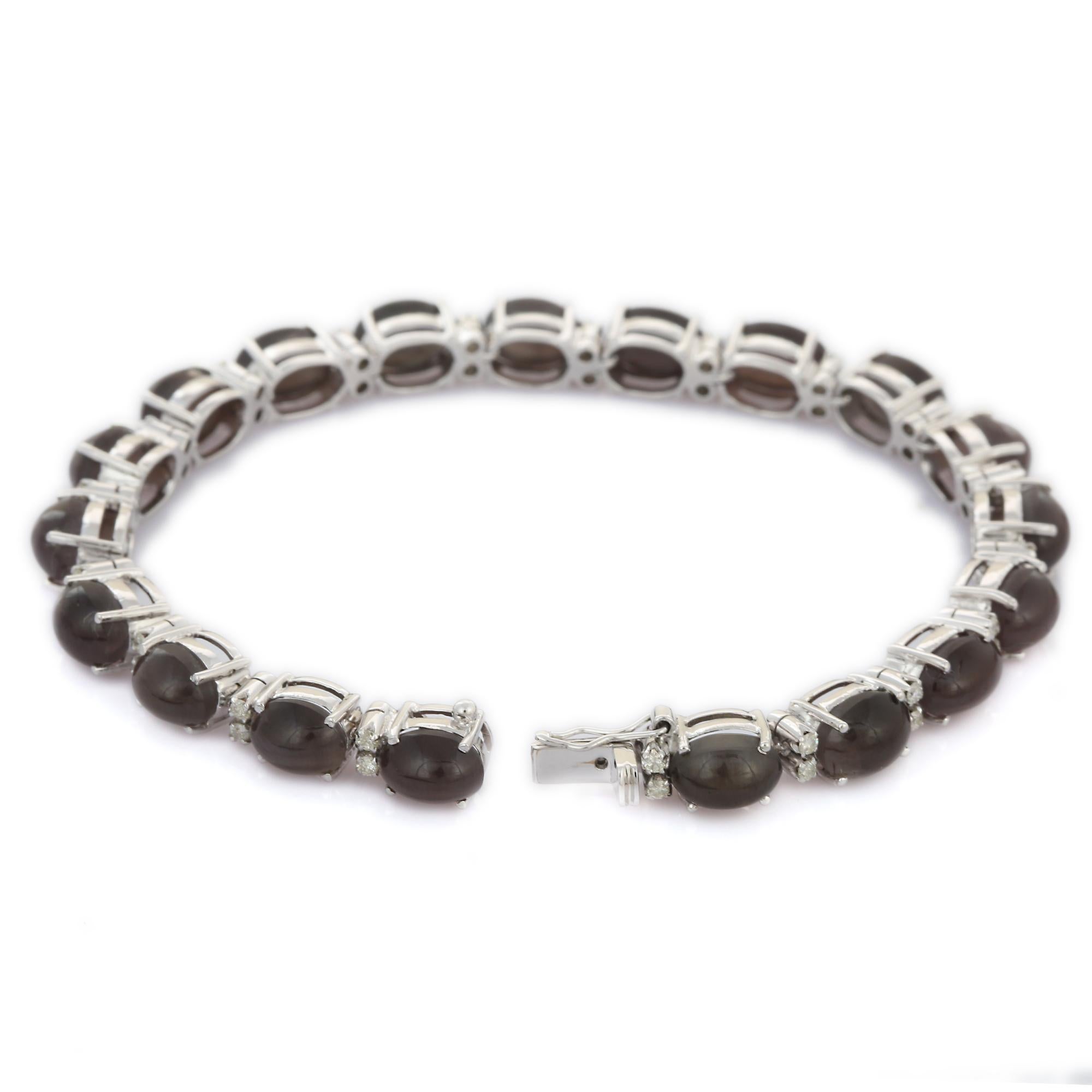 Oval Cut 18kt Solid White Gold Natural Cat's Eye Gemstone and Diamond Tennis Bracelet For Sale