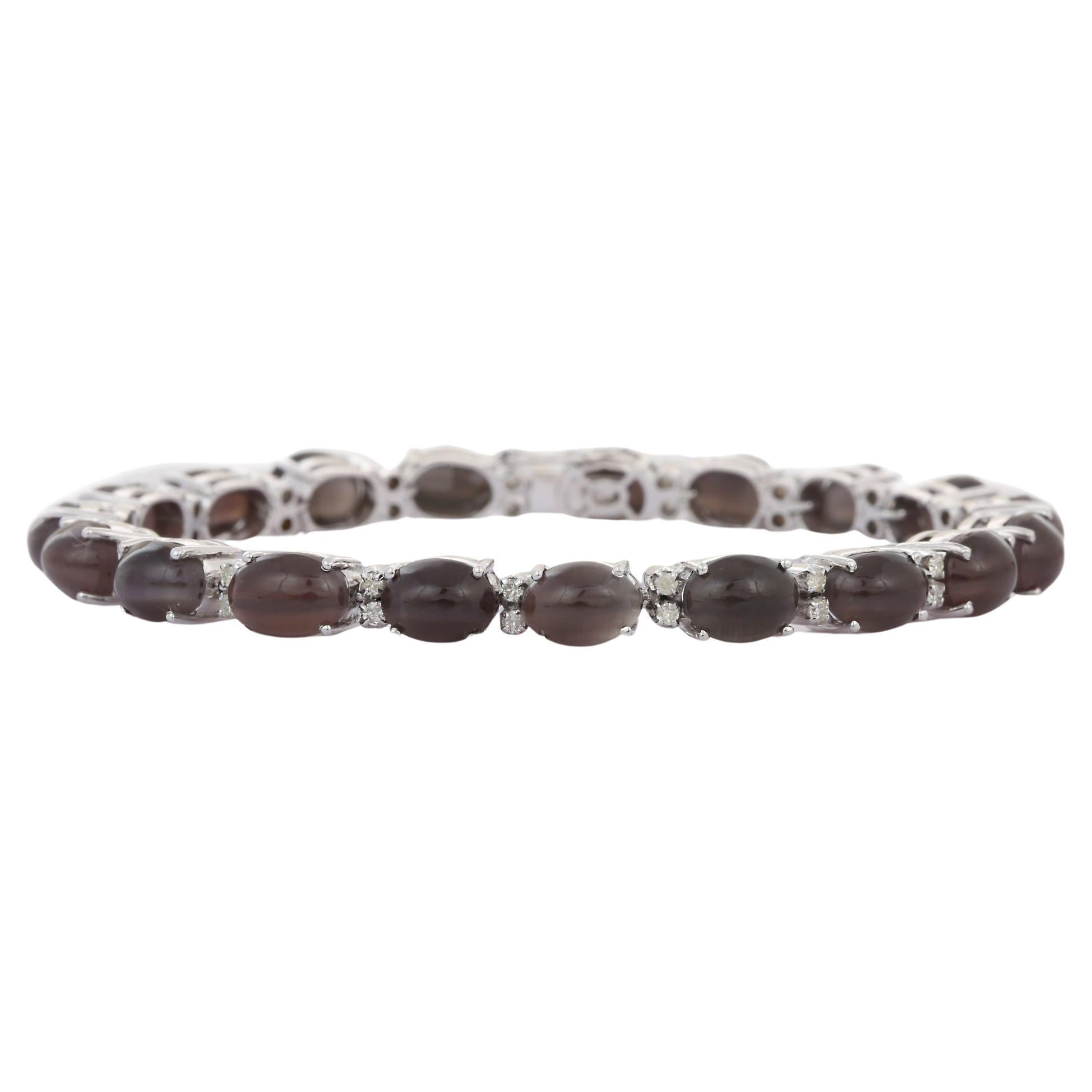 18kt Solid White Gold Natural Cat's Eye Gemstone and Diamond Tennis Bracelet For Sale