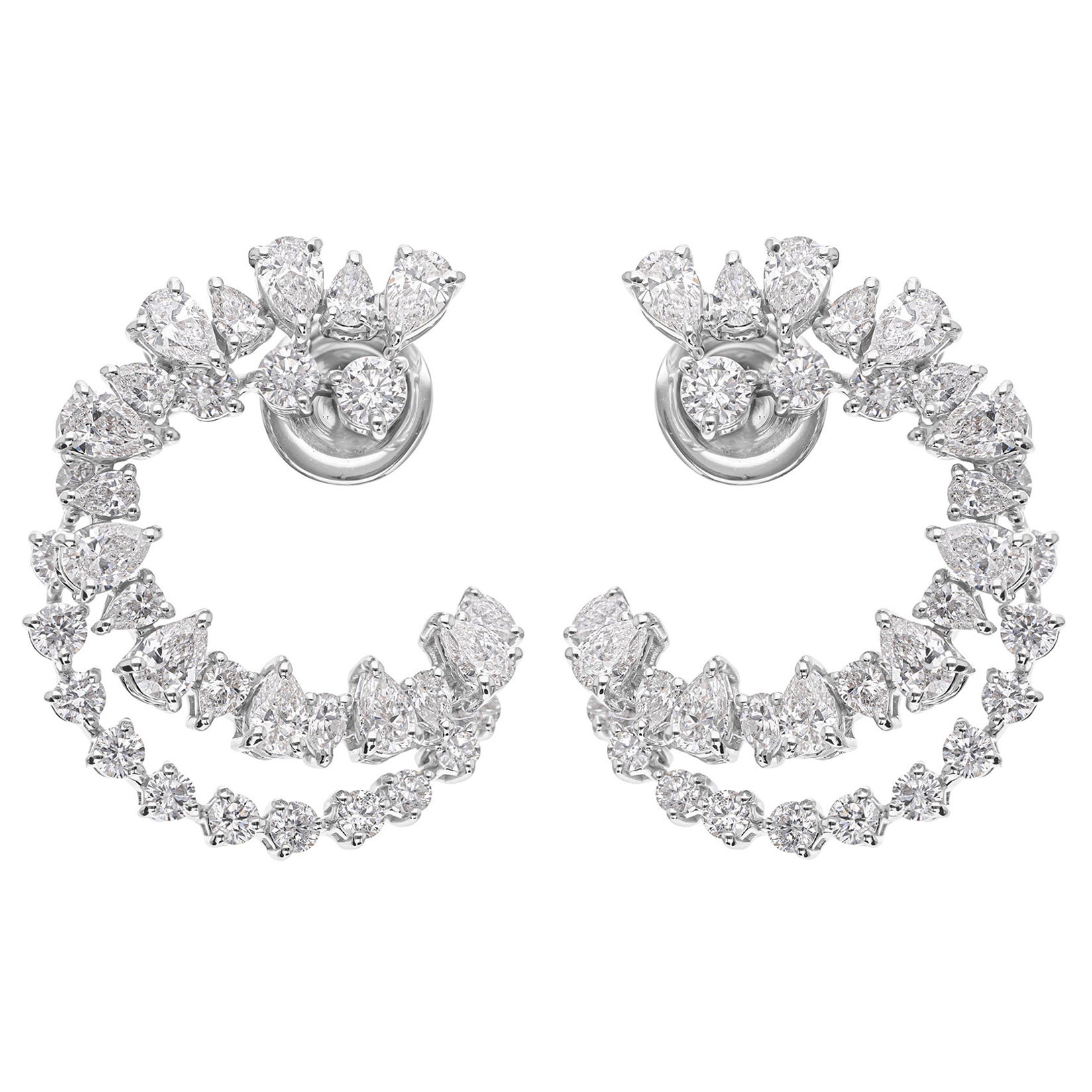 Natural Diamond Double Layer Open Hoop Earrings 3.68 Carats 18K White Gold For Sale