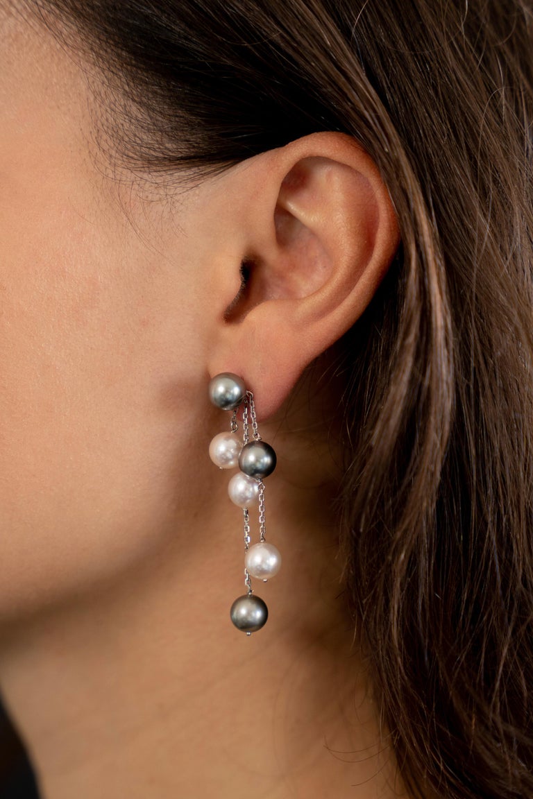 Round Cut 18K White Gold Chain Earrings Set with Akoya White Pearls and Tahiti Pearls