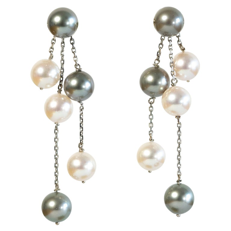 18K White Gold Chain Earrings Set with Akoya White Pearls and Tahiti Pearls