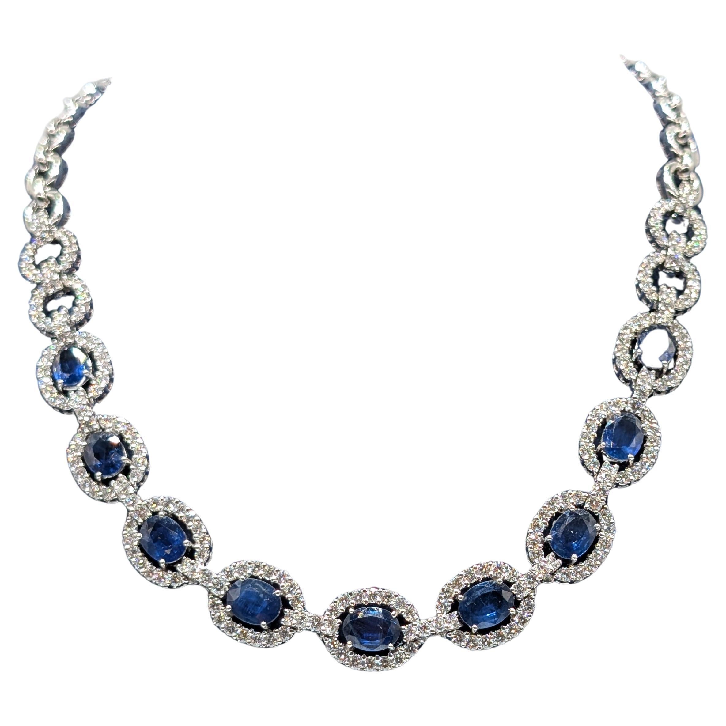 18K White Gold Chain Necklace w/Oval Cut Blue Sapphire and Round Cut Diamonds