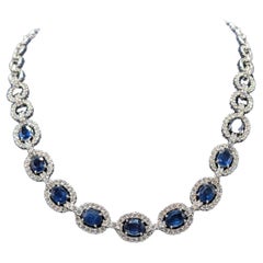 18K White Gold Chain Necklace w/Oval Cut Blue Sapphire and Round Cut Diamonds
