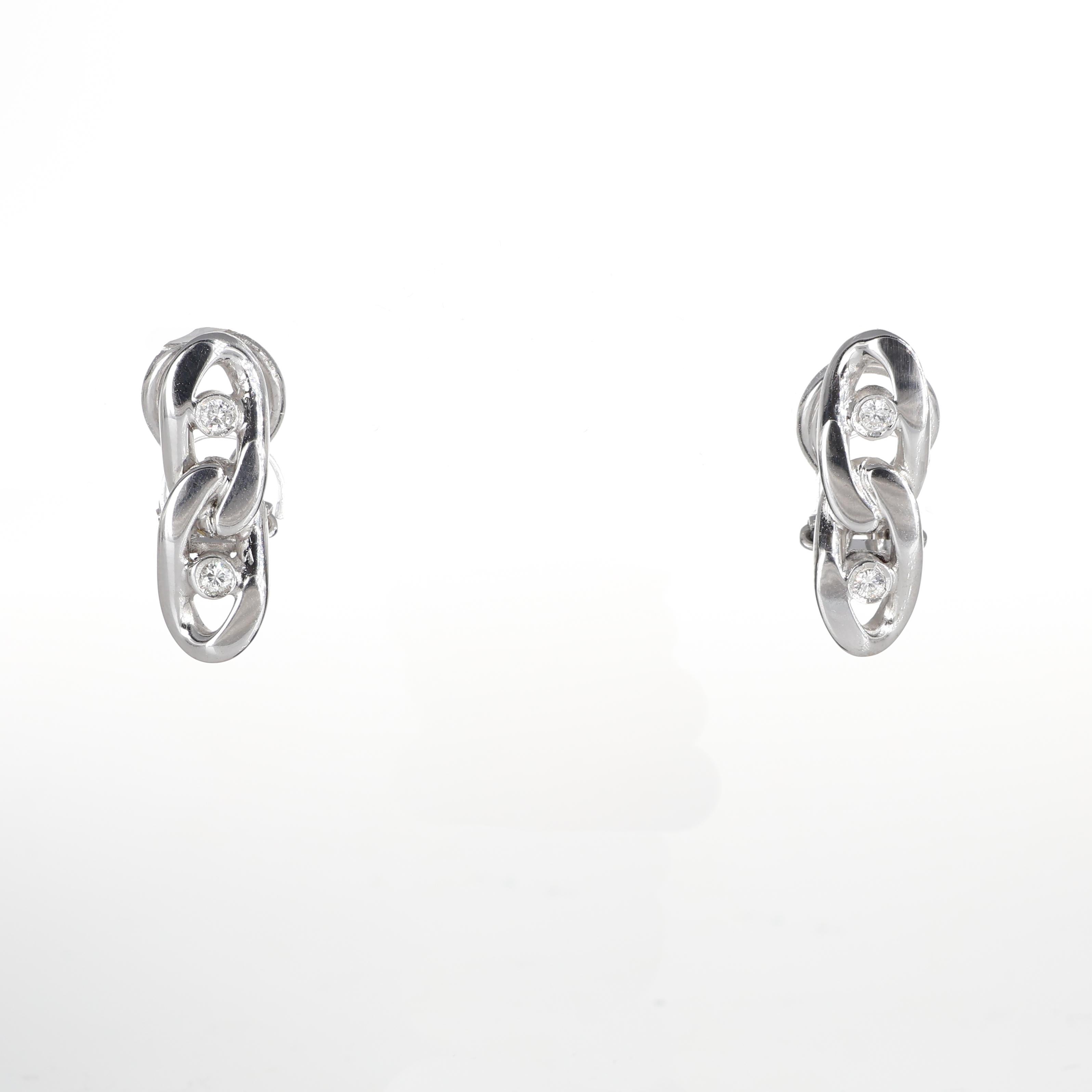 A modern take on elegance, these stud earrings are crafted in 18K white gold with a unique chain design. Accentuated by brilliant-cut white diamonds totaling 0.08 carats, they offer a subtle sparkle that enhances the contemporary aesthetic. Perfect
