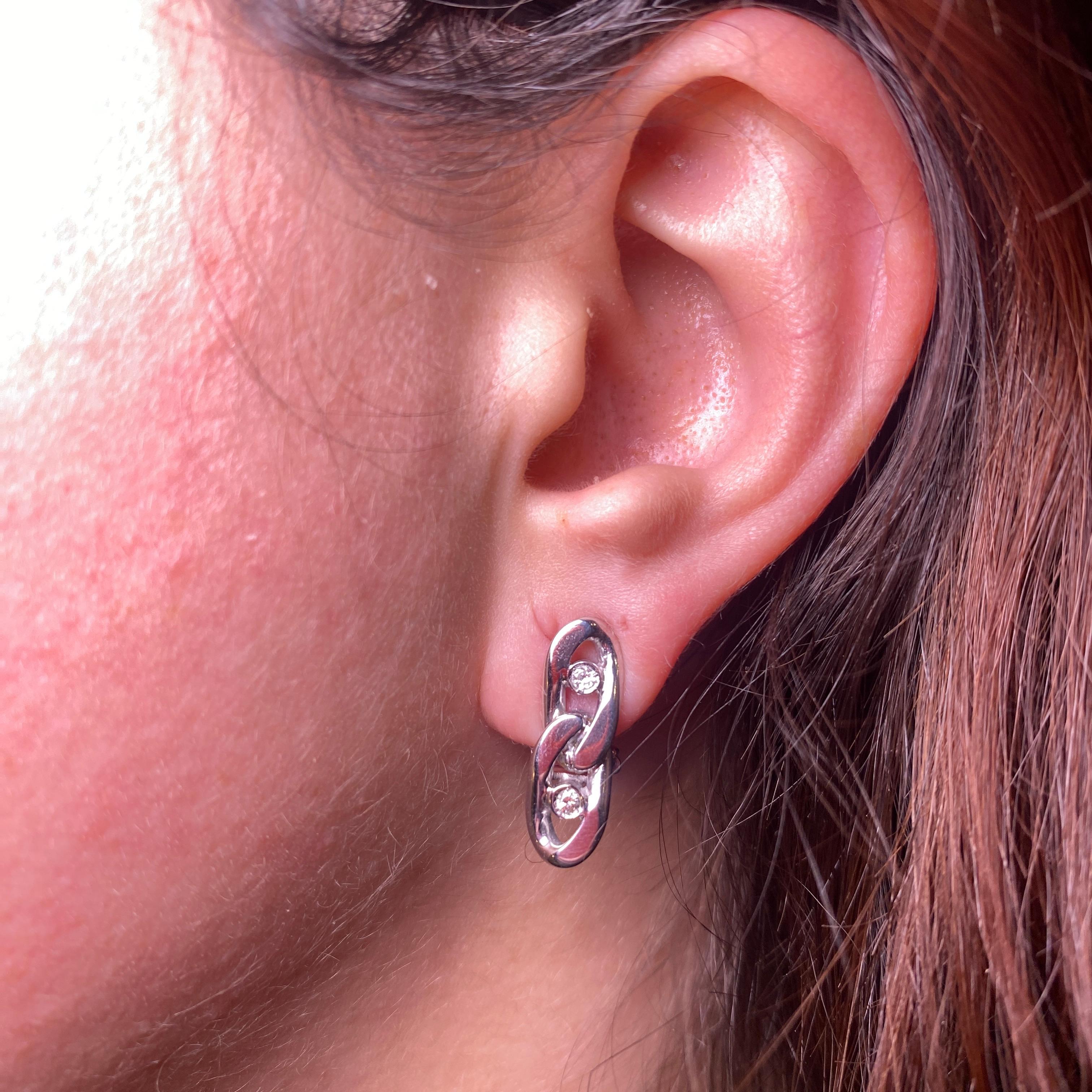 Women's or Men's 18K White Gold Chain Stud Earrings with Diamonds For Sale