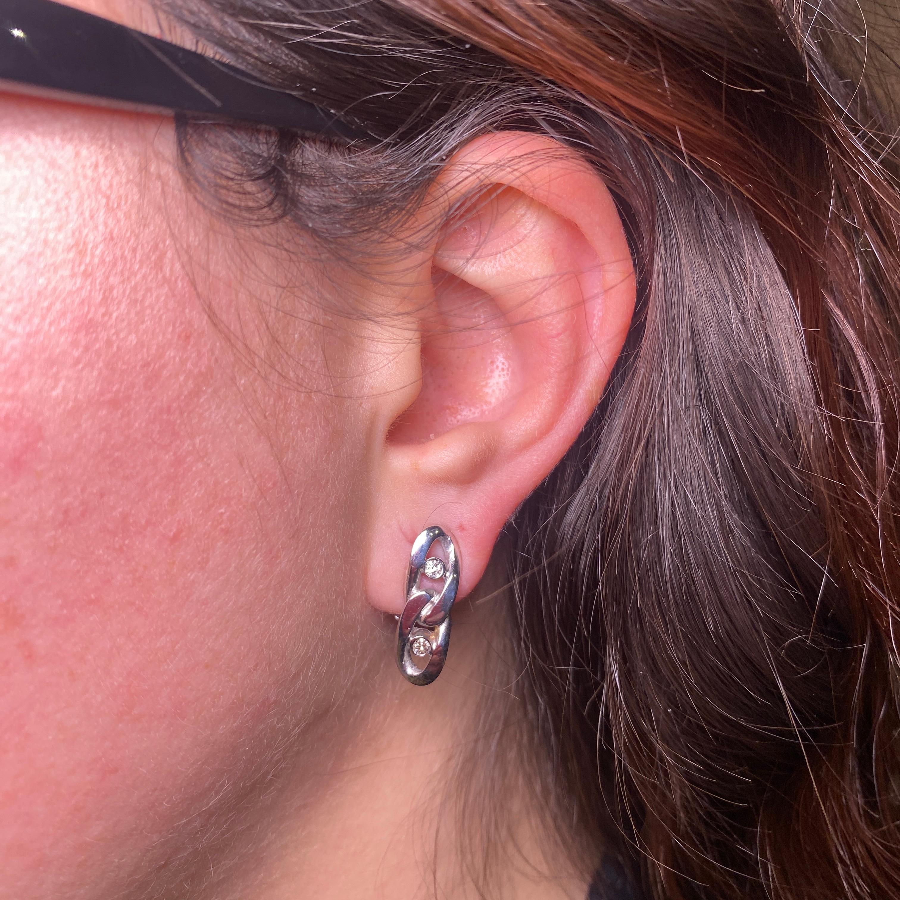 Women's or Men's 18K White Gold Chain-Style Stud Earrings with Diamonds For Sale