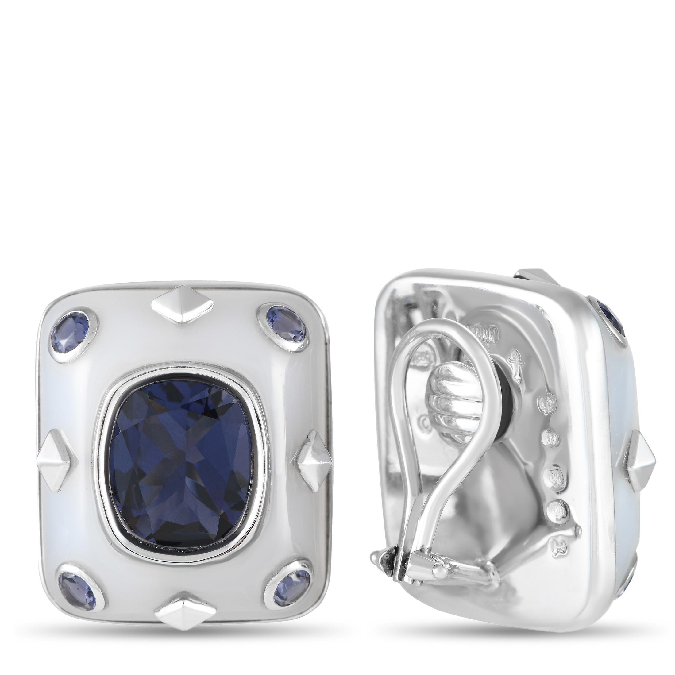 These dynamic earrings are unlike anything youve seen before. The square 18K White Gold setting makes a statement thanks to captivating Chalcedony and bold Iolite accents. Each one measures 0.75 long by 0.75 wide and includes clip-on closure.This
