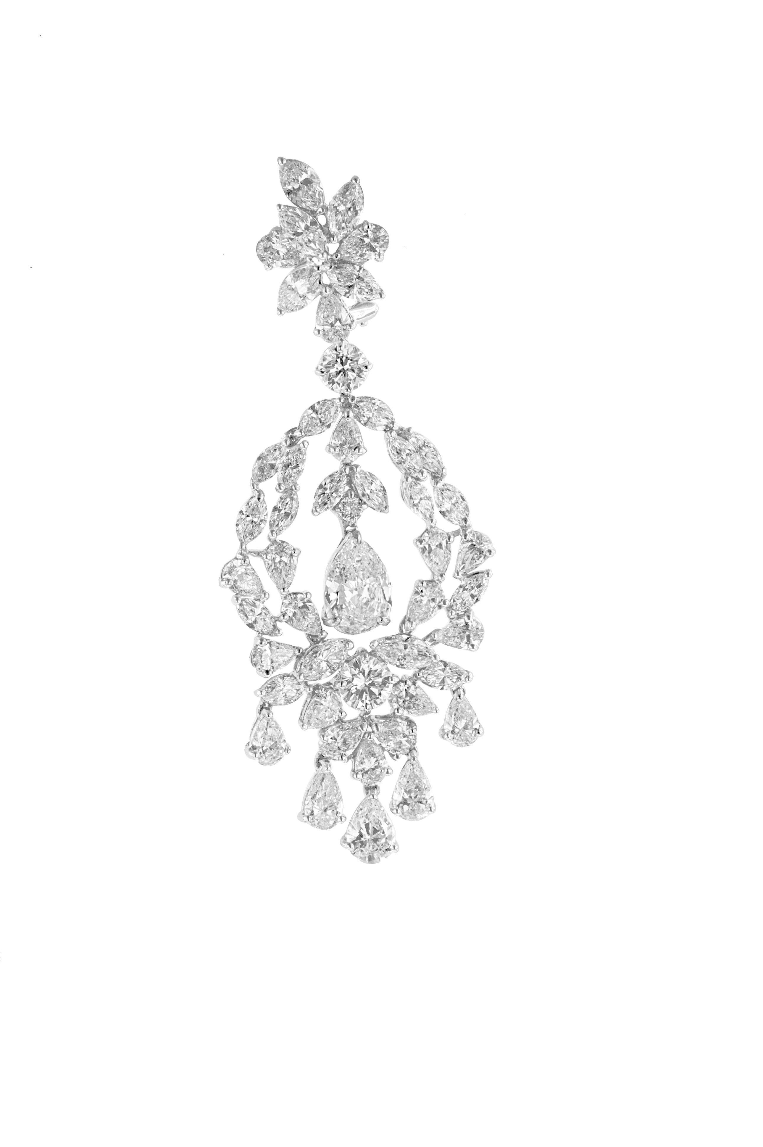 Pear Cut 18k White Gold Chandelier Earrings with Multishape Diamond For Sale