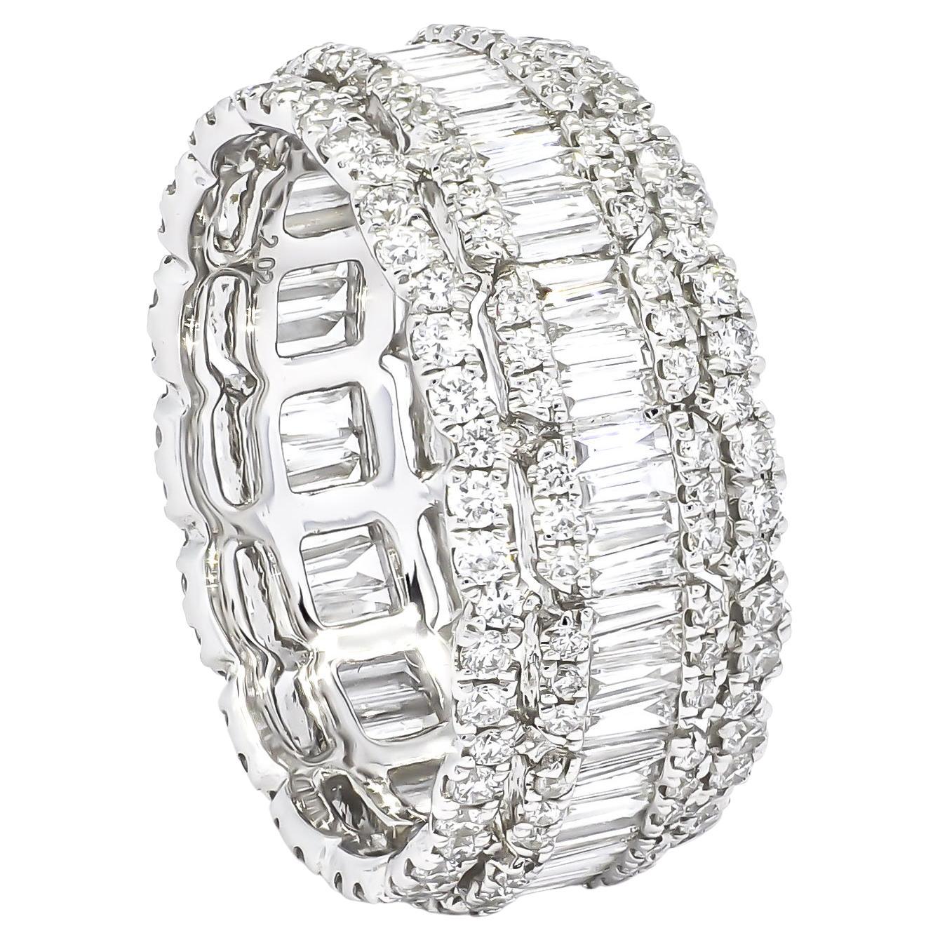 For Sale:  18K White Gold Channel Baguette Diamond Accents Round Brilliant Eternity Ring