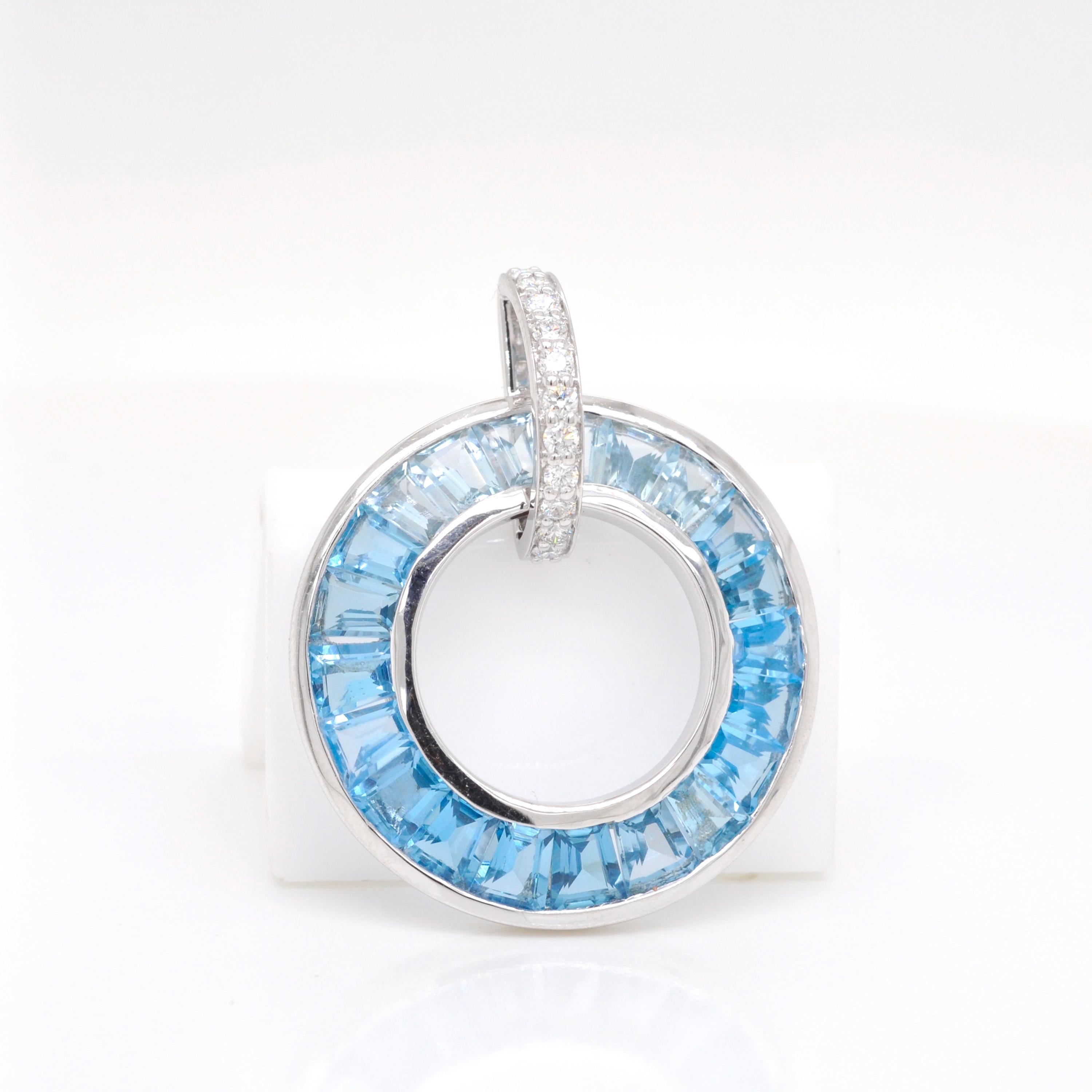 Women's 18K White Gold Channel-Set Blue Topaz Baguettes Diamond Circle Pendant Necklace For Sale