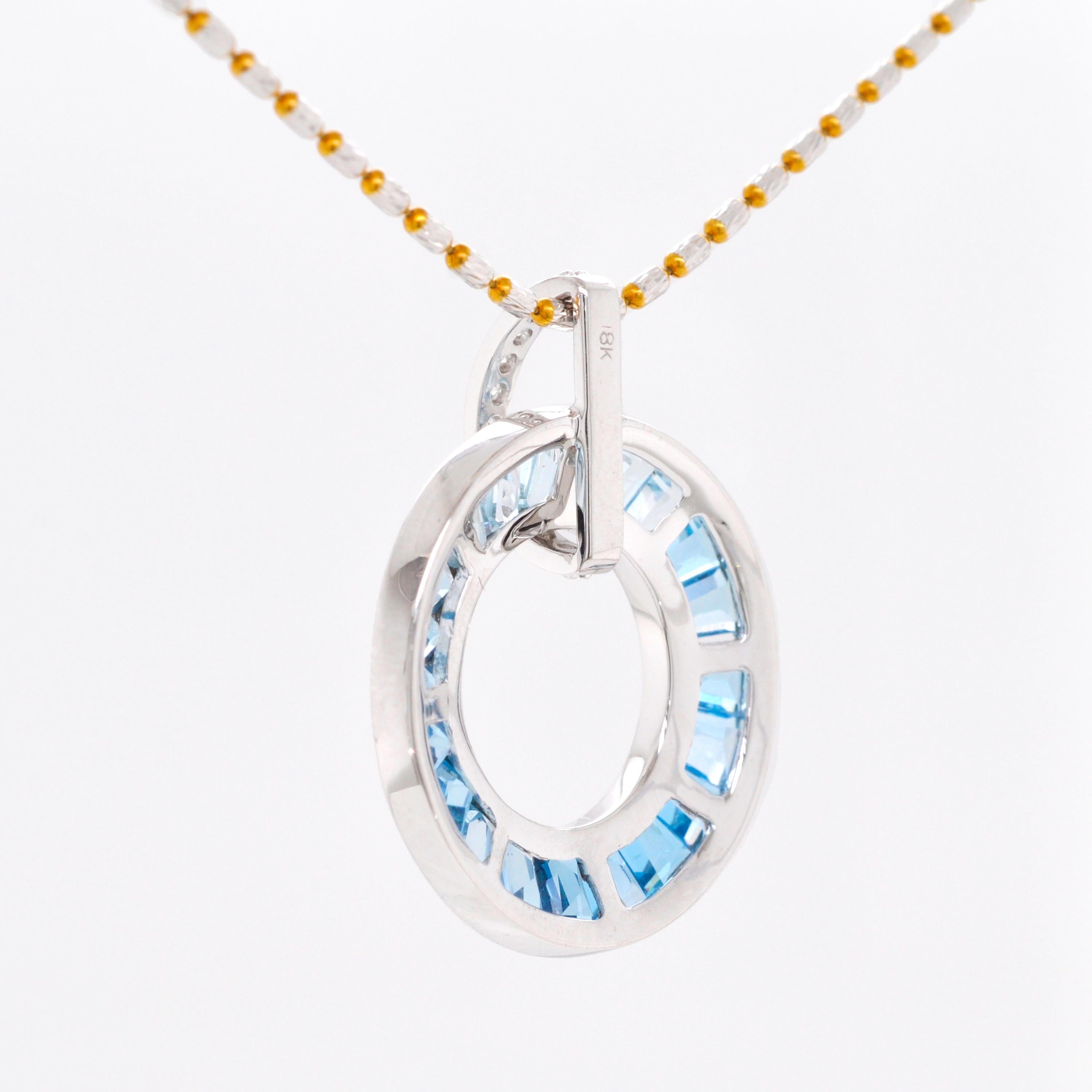 18K White Gold Channel-Set Blue Topaz Baguettes Diamond Circle Pendant Necklace For Sale 2