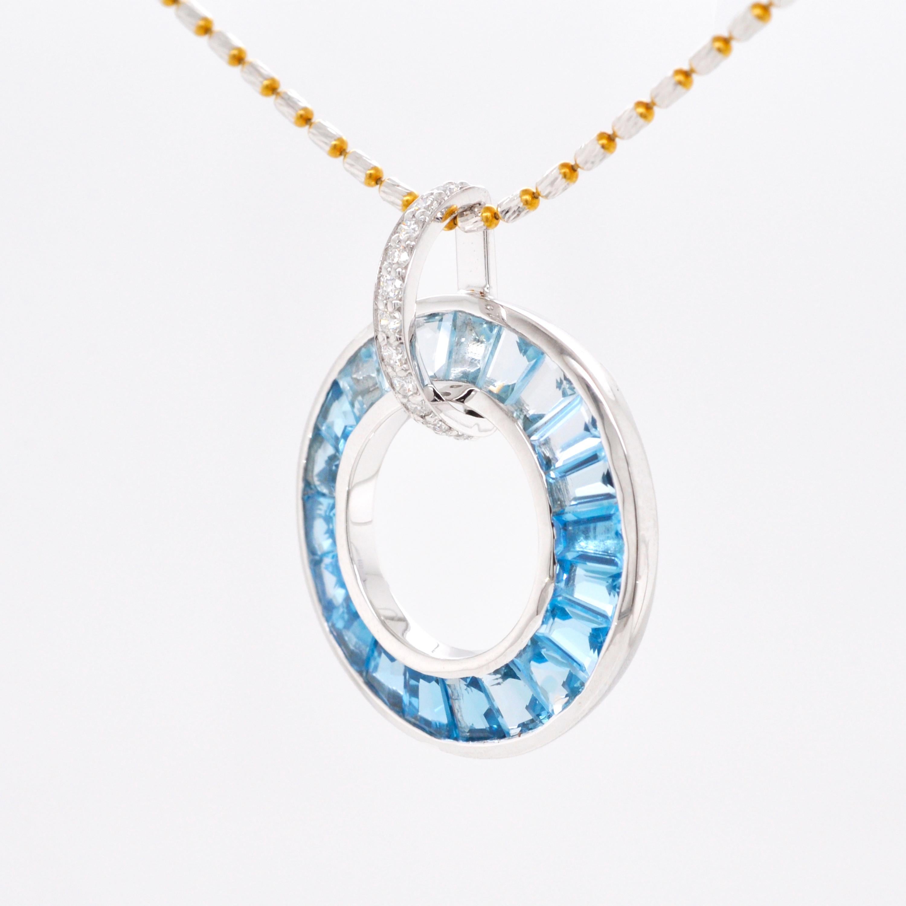 18K White Gold Channel-Set Blue Topaz Baguettes Diamond Circle Pendant Necklace For Sale 3
