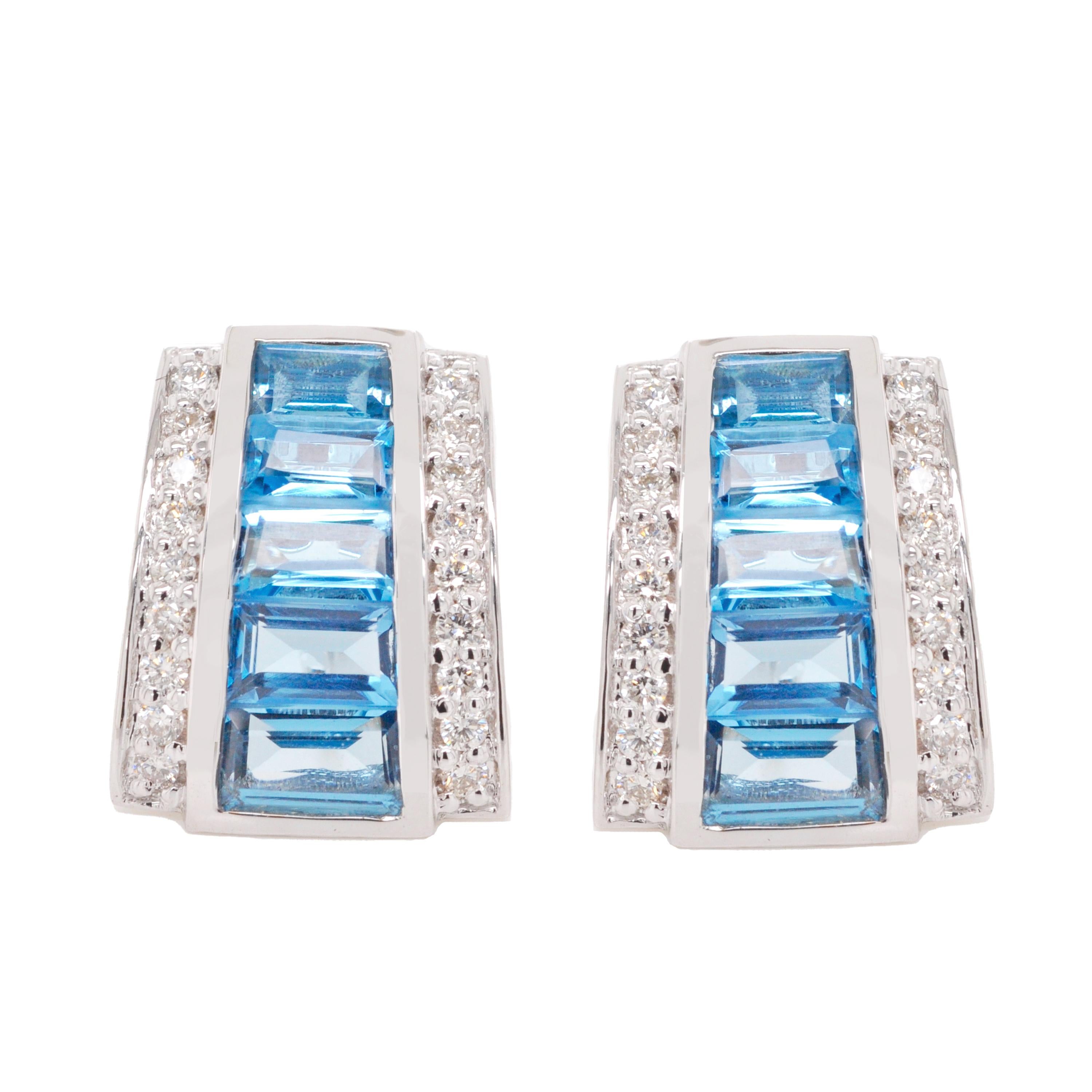 18K White Gold Channel Set Blue Topaz Taper Baguette Pendant Earrings Set  For Sale 5