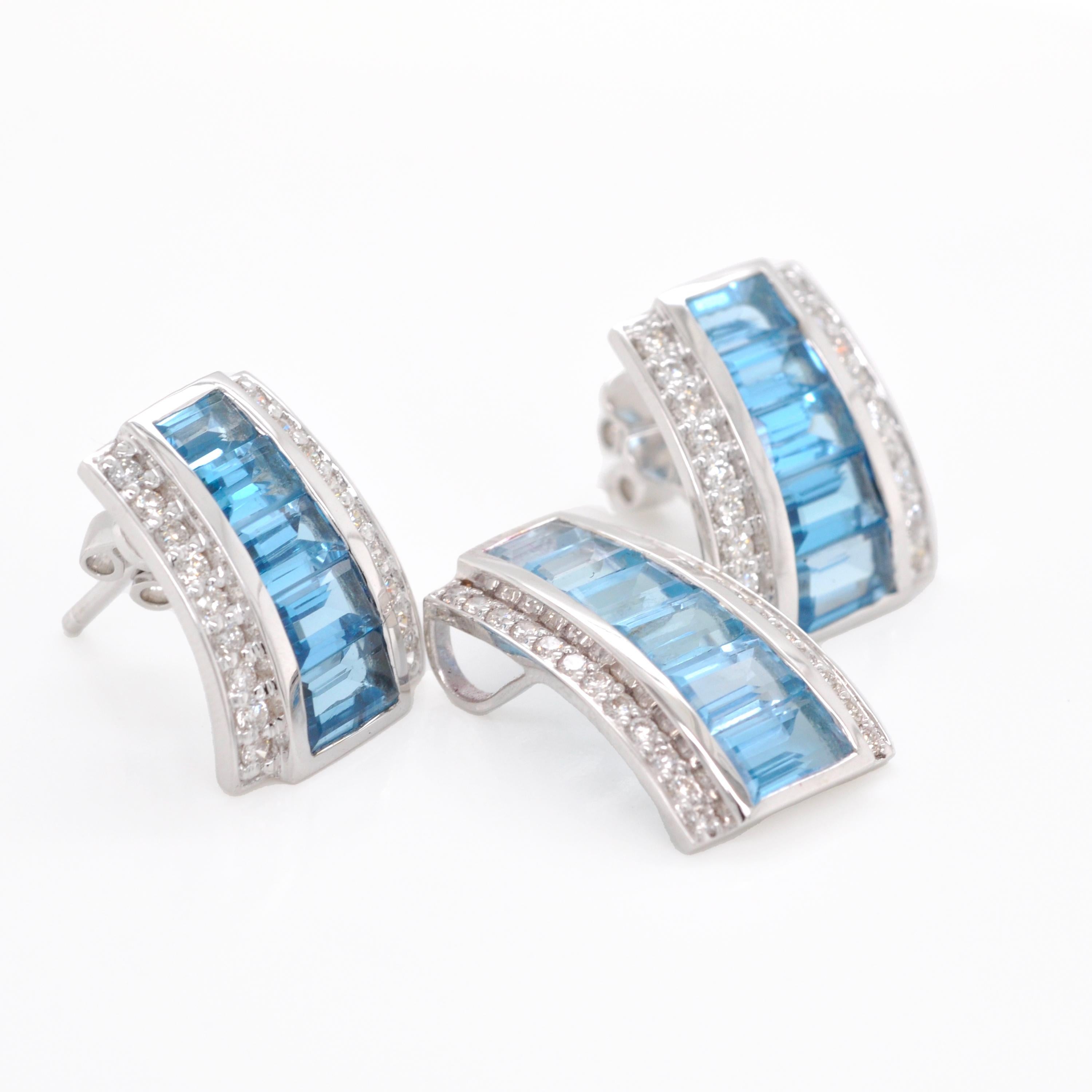 Women's 18K White Gold Channel Set Blue Topaz Taper Baguette Pendant Earrings Set  For Sale