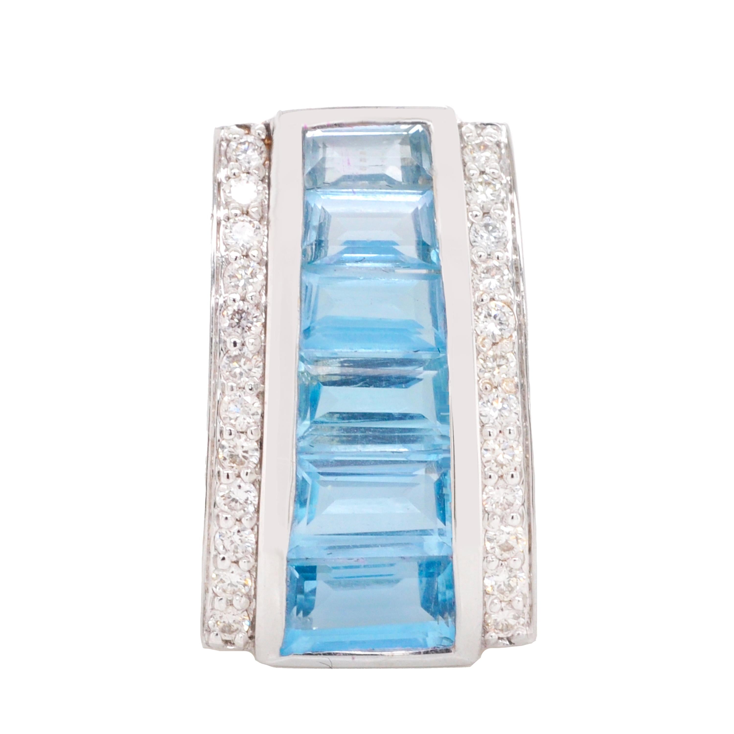 18K White Gold Channel Set Blue Topaz Taper Baguette Pendant Earrings Set  For Sale 1